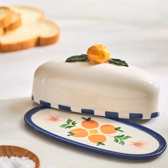 NWT Anthropologie Butter Dish Orange Citrus Stoneware - Picture 1 of 4